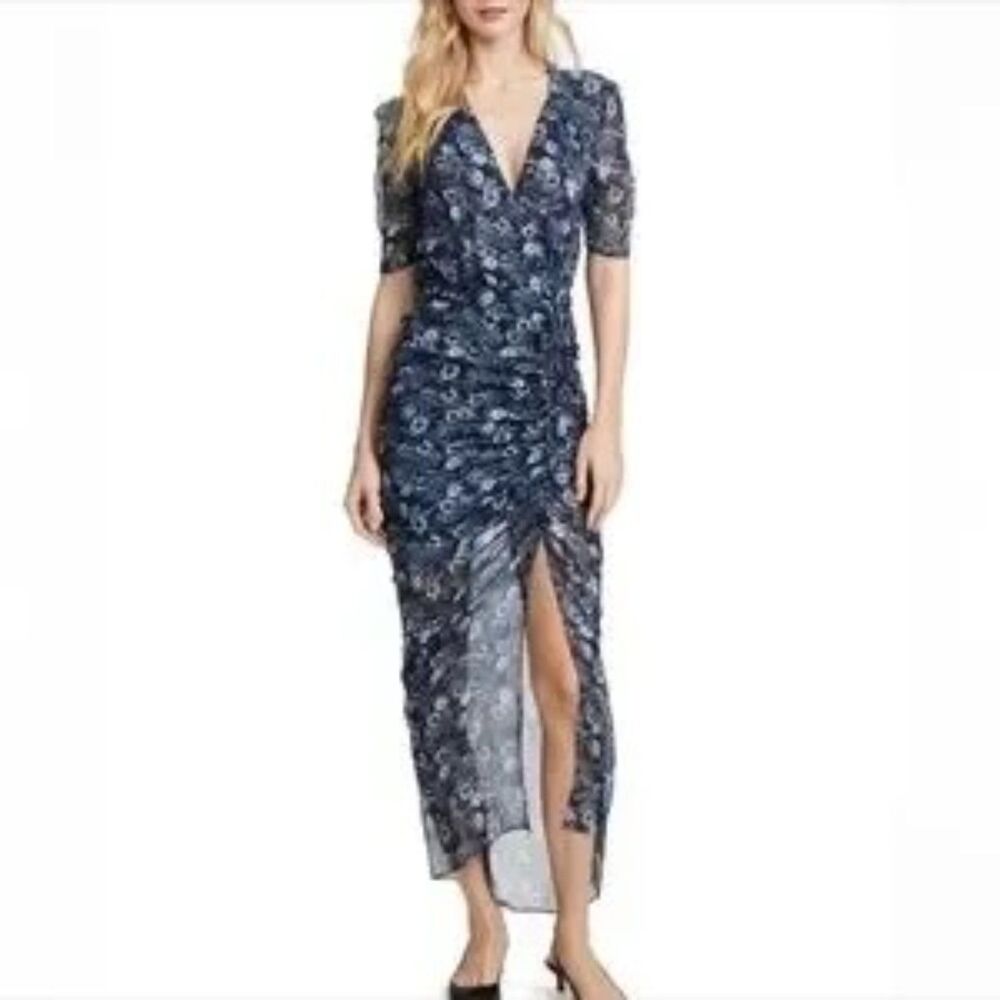 Veronica Beard Navy White Floral Smocked Long Sleeve Midi Dress 4